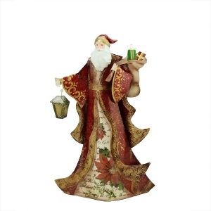 17.75 Red Vintage Postcard Santa Holding Lantern and Gifts Tin Table Top Christmas Decoration - All