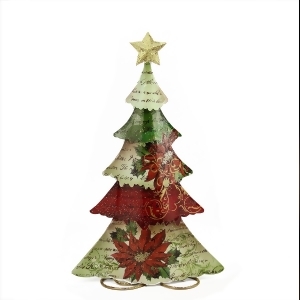 18.25 Green Red and Off White Tin Vintage Postcard Christmas Tree Table Top Christmas Decoration - All