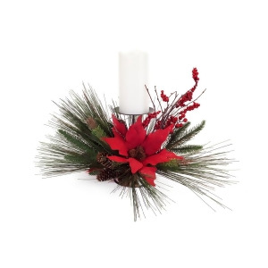 13 Artificial Mixed Pine and Red Burlap Poinsettia Flower Christmas Pillar Candle Holder - All