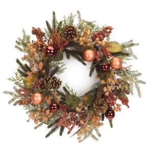 24 Red and Bronze Berry Pine Cone and Ball Ornament Artificial Christmas Wreath Unlit - All