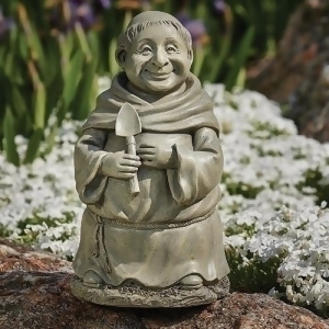 11.5 Gray Smiling Monk with a Shovel Religious Outdoor Patio Garden Statue - All