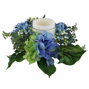 16 Decorative Artificial Blue and Green Hydrangea and Berry Hurricane Glass Candle Holder - All