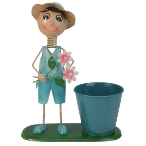 13.5 Boy with Blue Overalls and Pink Flowers Decorative Spring Outdoor Garden Planter - All