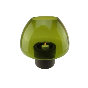 9.75 Transparent Olive Green Glass Candle Holder with Wooden Base - All