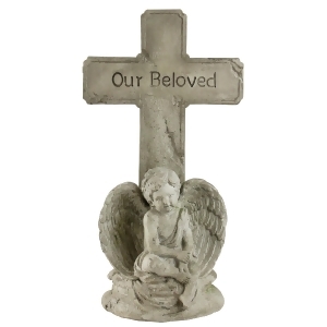 11.75 Sandy Brown Our Beloved Cross with a Seated Angel Religious Garden Memorial Statue - All