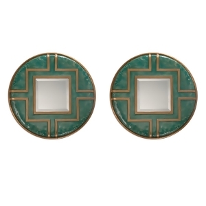 Set of 2 Blue-Green Asian Inspired Square Wall Mirrors with Antique Gold Accents - All