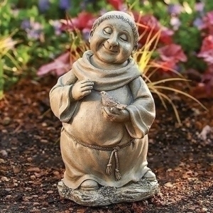 12 Gray Smiling Monk Holding a Bird Religious Outdoor Patio Garden Statue - All