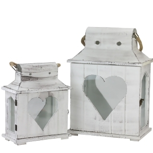 Set of 2 Decorative White Washed Wooden Candle Holder Lanterns with Heart Shaped Cut-Outs - All