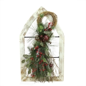 29.5 White Washed Window Frame with Mixed Pine Berry Swag Christmas Wall Decoration - All