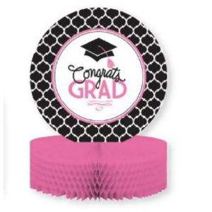 Club Pack of 12 Glamorous Pink and Black Congrats Grad Honeycomb Party Centerpiece 12 - All