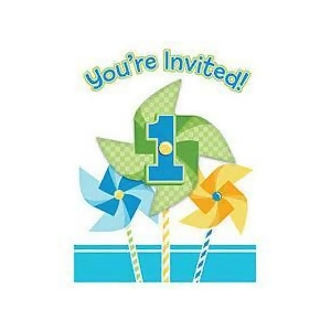 Pack of 48 Pastel Blue and Lime Green Boy Turning One Birthday Pinwheel Birthday Invitation 5 - All