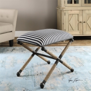 24 Navy Blue and White Striped Rustic Iron w/ Rope Accent Small Cushioned Bench - All