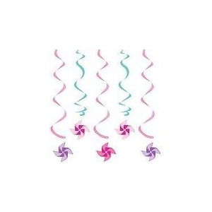 Club Pack of 30 Pink and Teal Girl Turning One Pinwheel Dizzy Dangler Whirl Decorations - All