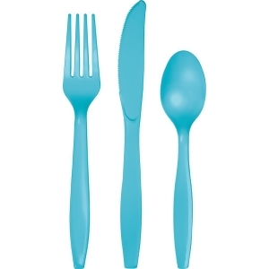 Club Pack of 216 Decorative Bermuda Blue Plastic Party Knives Forks and Spoons - All