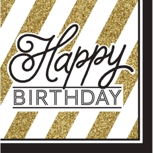 Pack of 192 Gold and White Striped with Black Happy Birthday and Border 2-Ply Party Lunch Napkins - All