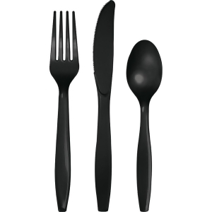 Club Pack of 216 Decorative Deep Black Plastic Party Knives Forks and Spoons - All