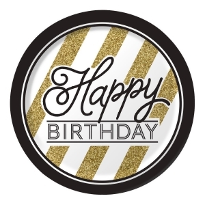 Club Pack of 96 White and Gold Striped Happy Birthday Round Party Luncheon Paper Plates 9 - All