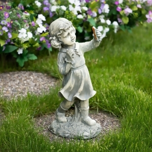 18 Distressed Gray Girl with Cell Phone Solar Powered Led Lighted Outdoor Patio Garden Statue - All