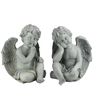 Set of 2 Distressed Gainsboro Gray Sitting Cherub Angels Outdoor Patio Garden Statues - All