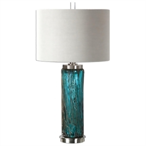 30 Almanzora Blue Glass Table Lamp with Bronze Accents and Beige Linen Shade - All
