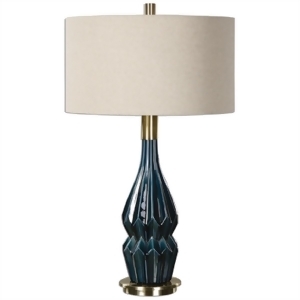 32 Prussian Blue Ceramic Base Table Lamp with Drum-Shaped Linen Shade - All