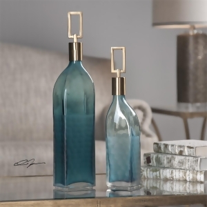 Set of 2 Textured Teal Glass Bottles with Coffee Bronze Metal Stoppers 15 19 - All