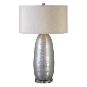 32 Tartaro Hammered Industrial Silver Light Beige Linen Drum Shade Table Lamp - All