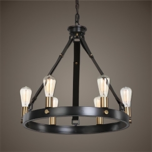24 Round Dark Antique Bronze with Leather Straps and Bronze Accents 6-Light Hanging Chandelier - All