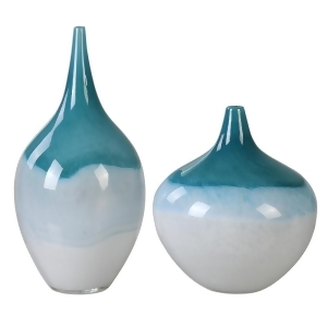 Set of 2 Shapely Teal and White Decorative Glass Vases 10 15 - All