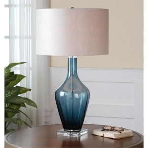 29 Translucent Azure Blue Glass with Crystal Details and Hardback Beige Drum Shade Table Lamp - All