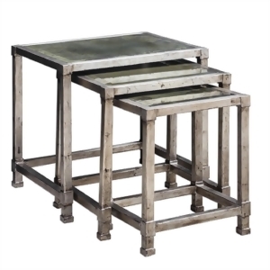 Set of 3 Keanna Handcrafted Antiqued Silver and Beveled Glass Nesting Tables - All