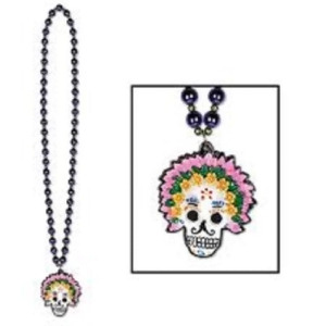 Pack of 12 Day of the Dead Party Bead Necklaces with Skeleton Medallions 36 - All
