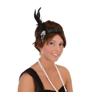 Club Pack of 12 Black Satin Feather and Jewel Flapper Headband Costume Accessories - All