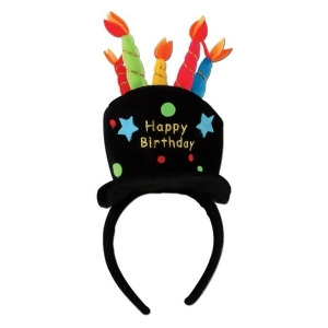 Club Pack of 12 Plush Black Birthday Cake with Multi-Color Candles Headband Party Favors - All