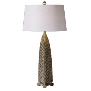33 Kolva Antiqued Silver Beaded Base and Light Taupe Gray Tapered Round Hardback Shade Table Lamp - All