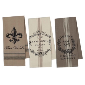 Set of 3 Neutral French Grain Sack Printed Cotton Kitchen Dishtowels - All