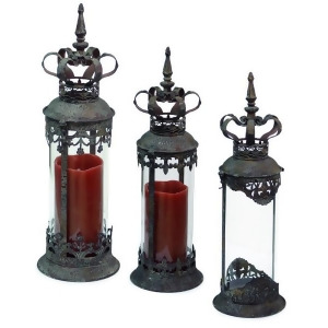Set of 3 Renaissance Style Distressed Crown Top Cylinder Pillar Candle Lanterns - All