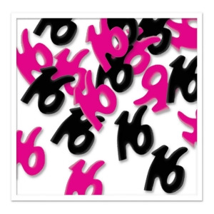 Pack of 6 Black and Hot Pink Sweet 16 Birthday Celebration Confetti Bags 0.5 oz. - All