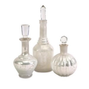 Set of 3 Decorative Cream Mercury Glass Bottles with Crystal-Like Stoppers - All