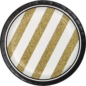 Club Pack of 96 White and Gold Striped Round Party Luncheon Paper Plates 7 - All