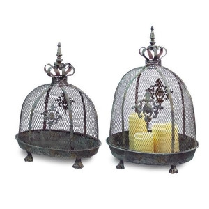 Set of 2 Renaissance Style Distressed Crown Top Dome Pillar Candle Lanterns - All