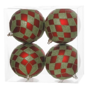 Pack of 4 Matte Red and Lime Green Glitter Diamond Christmas Ball Ornaments 4 100mm - All