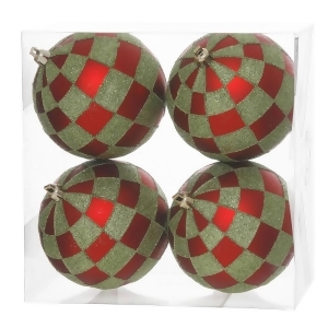 Pack of 4 Red Matte Lime Green Glitter Checkered Christmas Ball Ornaments 4 100mm - All