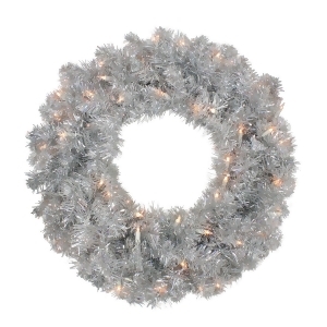 24 Pre-Lit Silver Sparkling Tinsel Artificial Christmas Wreath Clear Lights - All