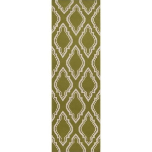 2.5' x 8' Diamond Scroll Avocado Green and White Wool Area Throw Rug - All