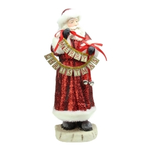 17 Red Glittered Santa Claus Holding Merry Christmas Sign with Bells Christmas Figurine - All