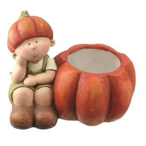 13 Fall Harvest Sitting Boy with Decorative Orange Pumpkin Pot Table Top Decoration - All