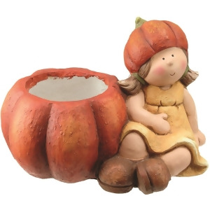 13.75 Fall Harvest Sitting Girl with Decorative Orange Pumpkin Pot Table Top Decoration - All