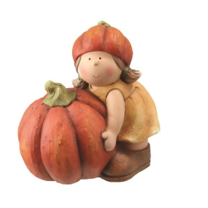 11.5 Fall Harvest Girl in Tan Dress with Artificial Orange Pumpkin Table Top Decoration - All