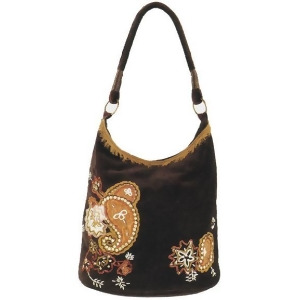 Maggi B Soft Touch Velour Brown Paisley Applique Hobo Bag - All